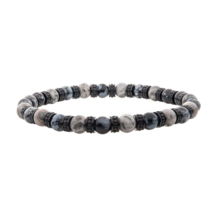 Black Steel Disks Alternating with Genuine Grey Jasper & Snowflake Obsidian Stone Beads Bracelet