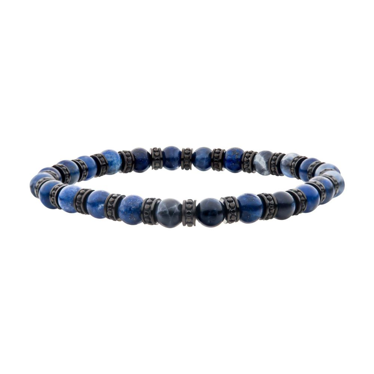 Black Steel Disks Alternating with Genuine Lapis Lazuli & Blue Sodalite Stone Beads Bracelet