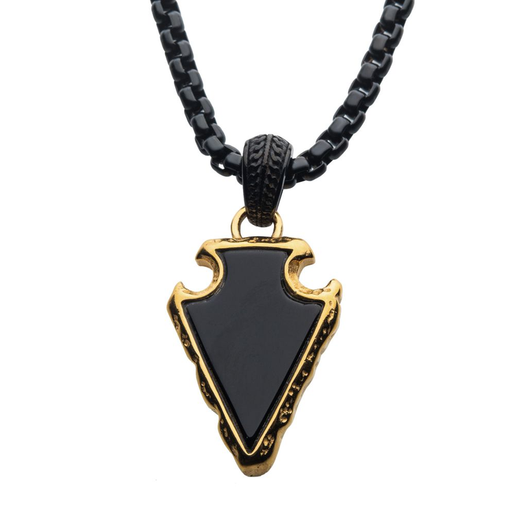 Black Agate Stone with Polished Gold IP Frame Pendant on a Polished Black IP Bail with Polished Black IP Box Chain