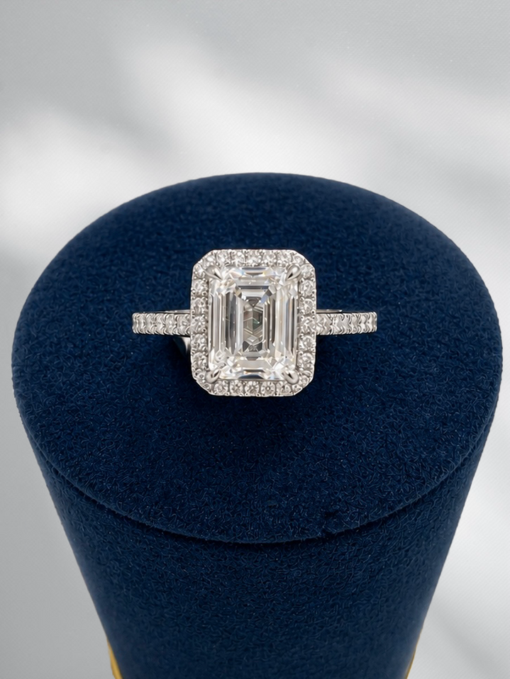2.25cttw Lab Grown Emerald Cut Engagement Ring with Diamond Halo- 14KW