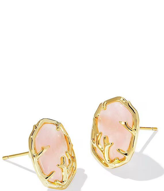 Daphne Coral Framed Stud Earrings in Rose Quartz- Gold Tone