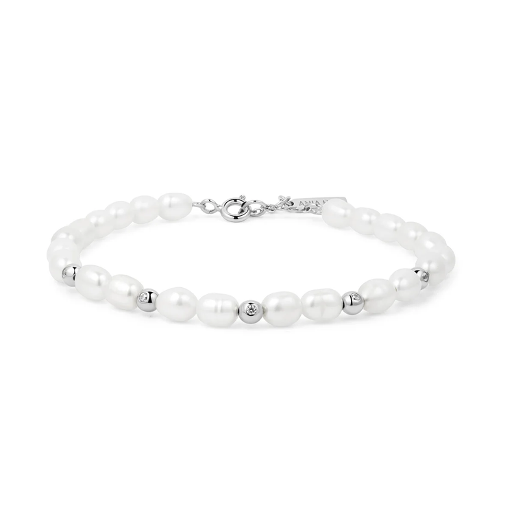 Silver Freshwater Pearl/CZ Bezel Set Bracelet (B058-05H)