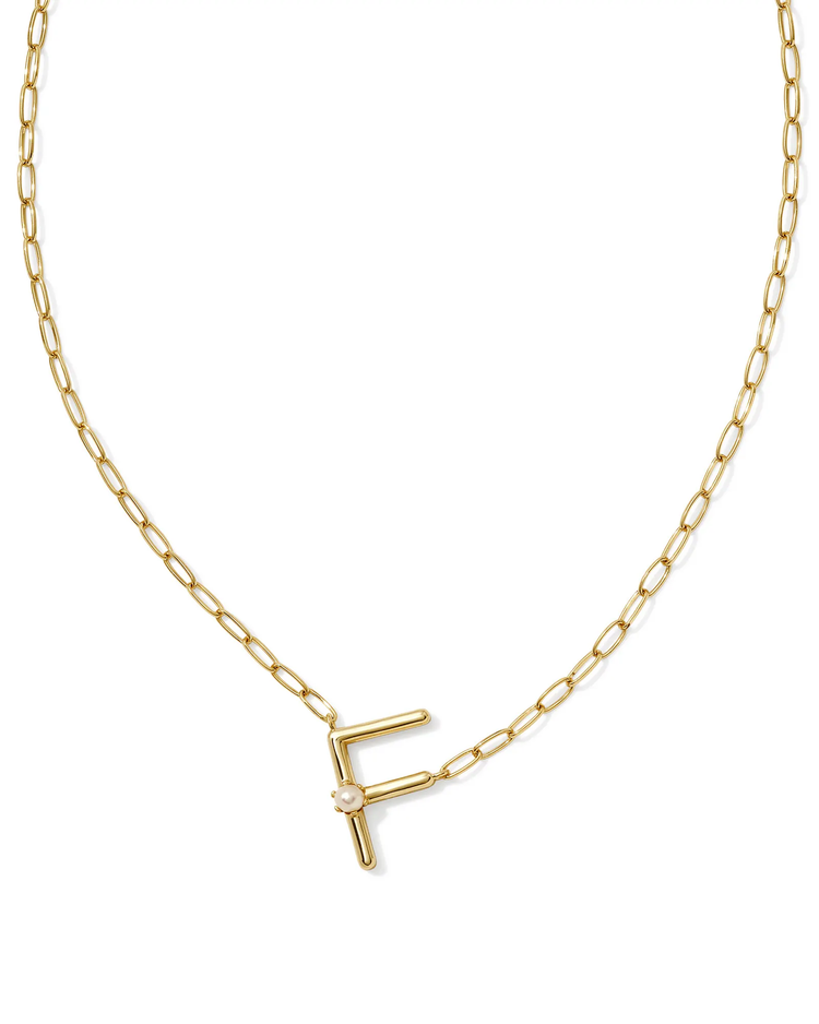 Pearl Letter "F" Pendant Necklace in White Pearl- Gold Tone