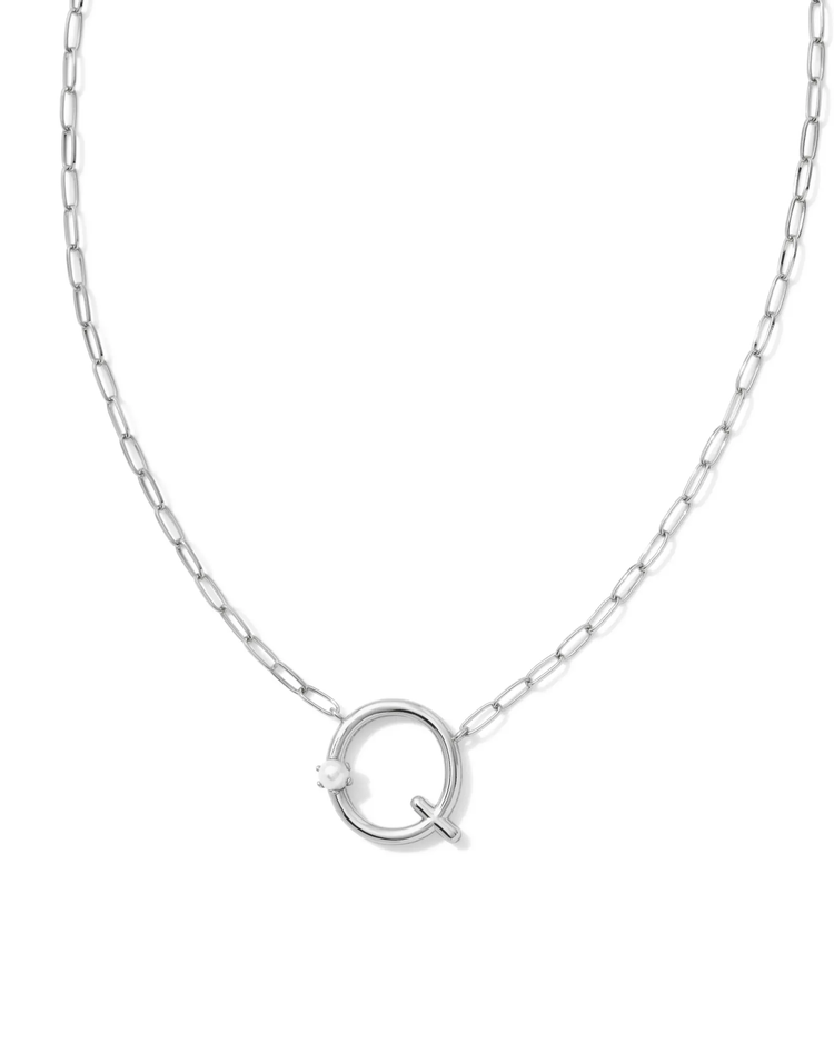 Pearl Letter "Q" Pendant Necklace in White Pearl- Rhodium Tone