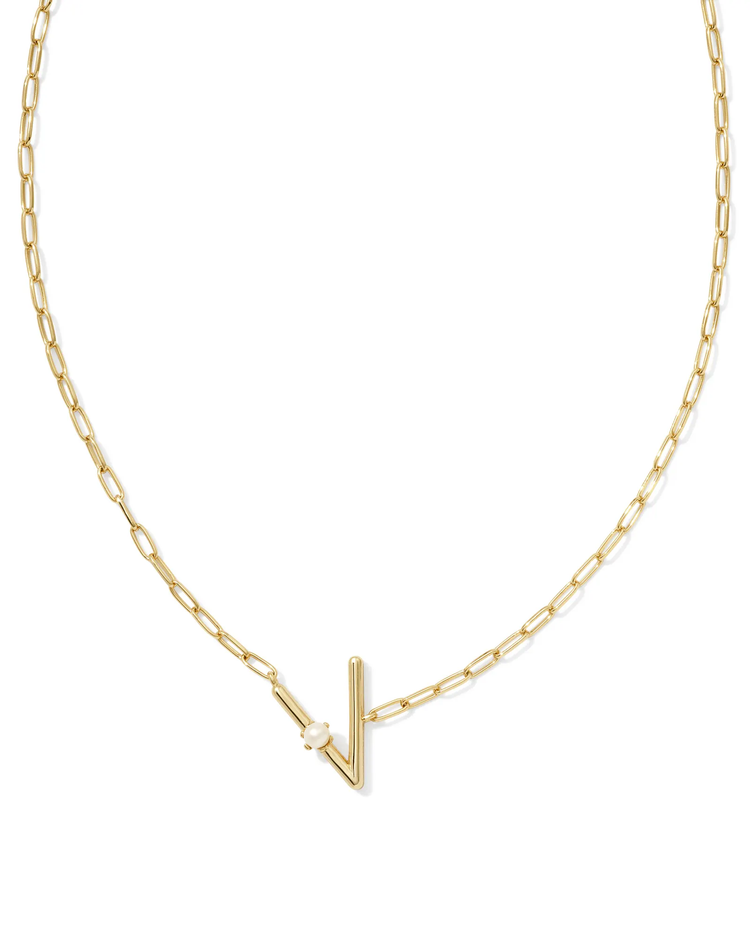 Pearl Letter "V" Pendant Necklace in White Pearl- Gold Tone