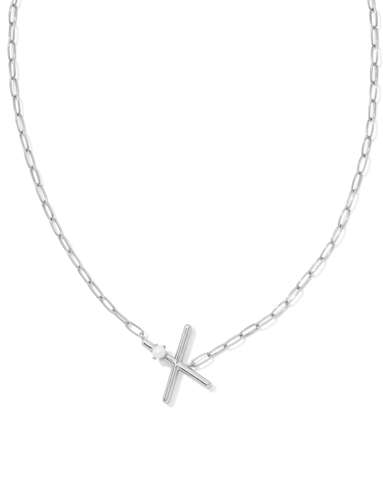 Pearl Letter "X" Pendant Necklace in White Pearl- Rhodium Tone