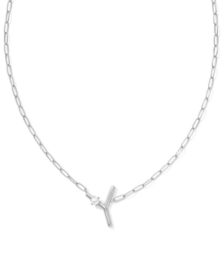 Pearl Letter "Y" Pendant Necklace in White Pearl- Rhodium Tone