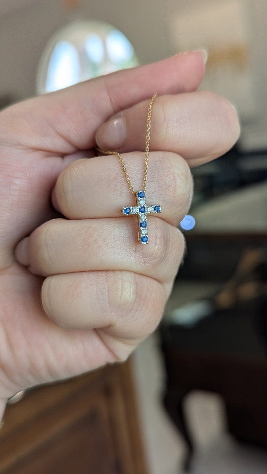 Sapphire and Diamond Small Cross Necklace- 14KY