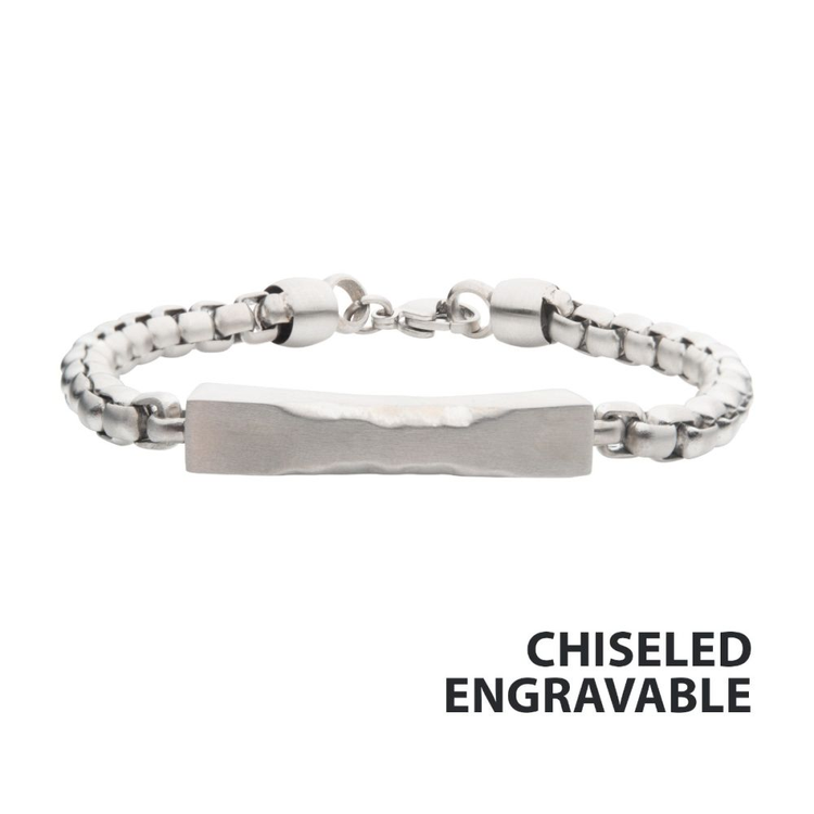Matte Steel Chiseled Engravable Drop with Bold Box Chain Bracelet