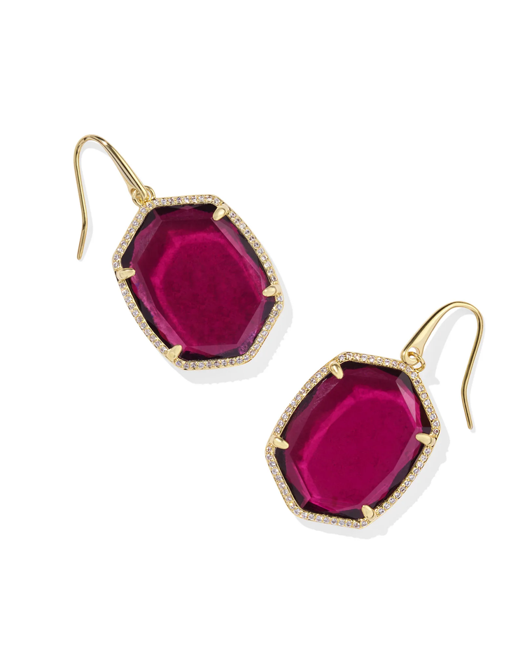 Daphne Pave Frame Drop Earrings in Berry Mica- Gold Tone