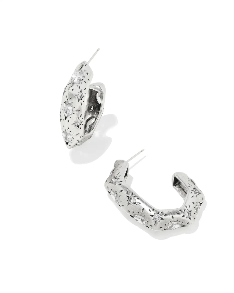 Holland Hoop Earring in White Crystal- Vintage Silver