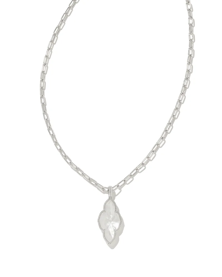 Abbie Pave Frame Large Pendant Necklace in Ivory MOP- Rhodium Tone