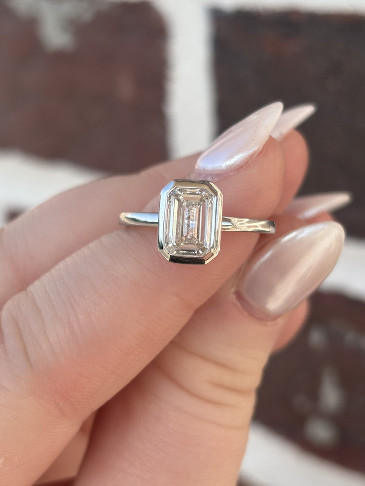 2.00cttw Lab Grown Emerald Cut Bezel Set Engagement Ring- 14KW