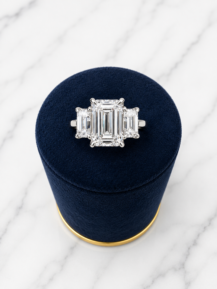 4.50cttw Lab Grown Three Stone Emerald Cut Engagement Ring- 14KW
