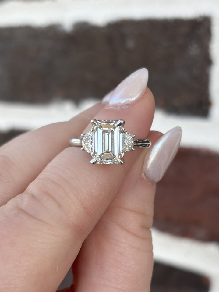 3.82cttw Lab Grown Emerald Cut with Half Moon Side Stones Three Stone Engagement Ring- 14KW