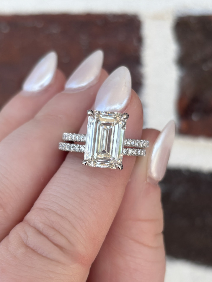 5.60cttw Lab Grown Emerald Cut Engagement Ring with Hidden Halo Wedding Set- 14KW