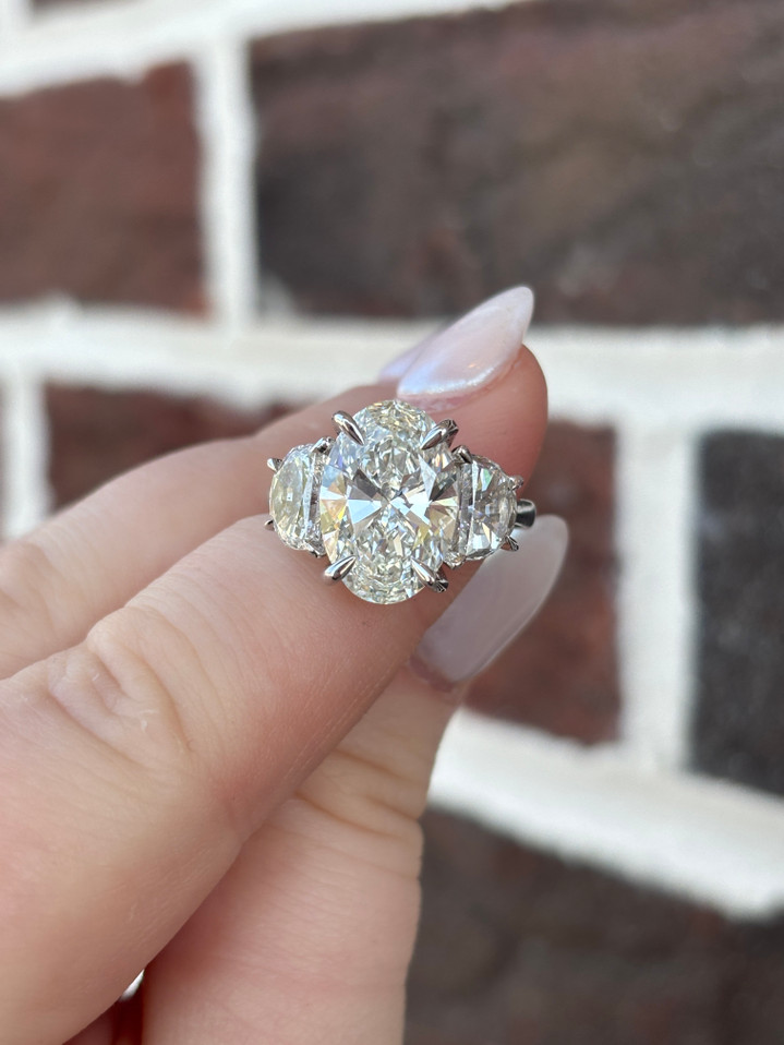 6.59cttw Lab Grown Oval Brilliant with Half Moon Sides Three Stone Engagement Ring- 14KW