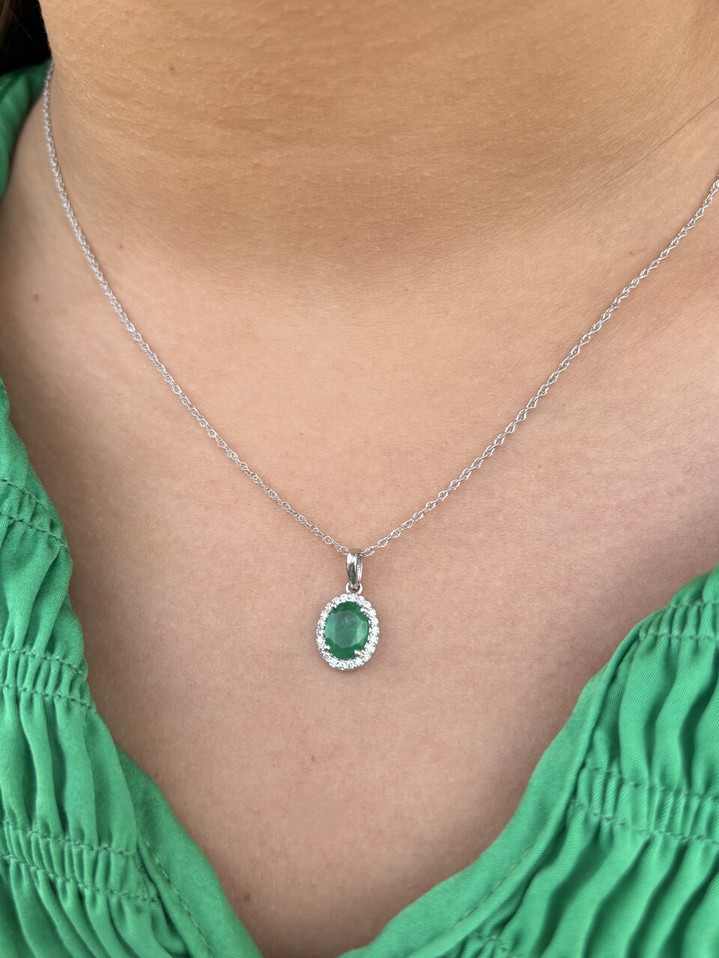 .14cttw Emerald and Diamond Pendant Necklace- 14KW