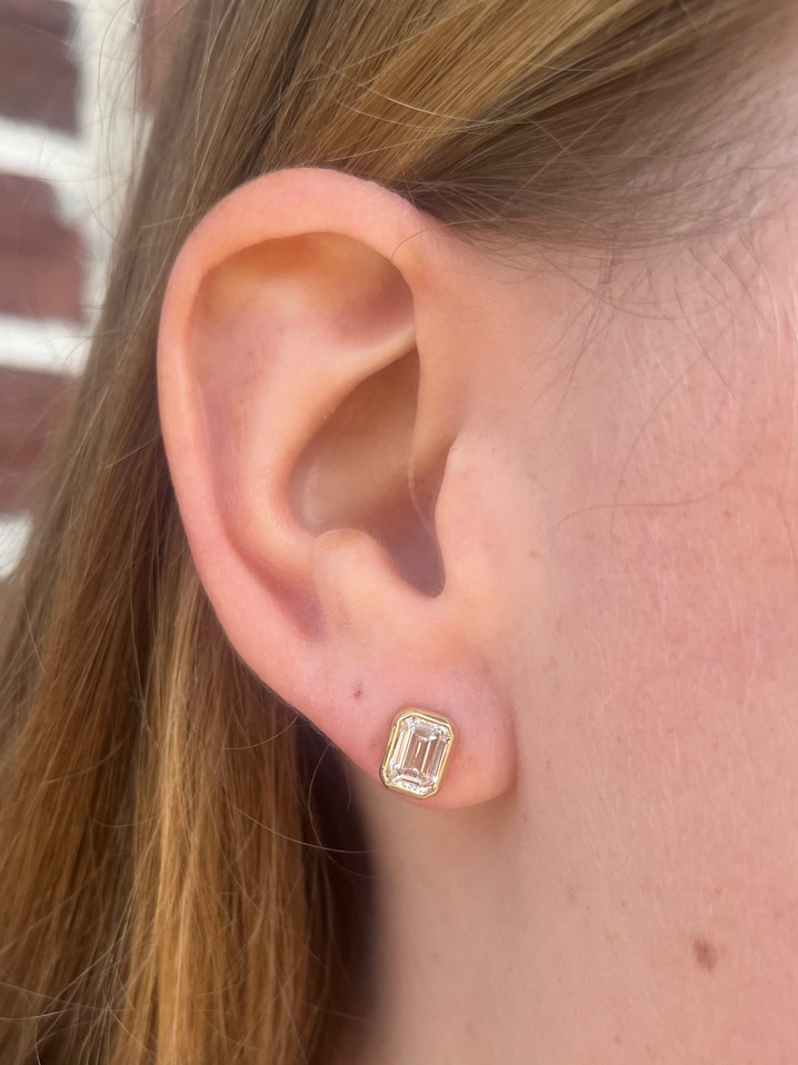 2.08cttw Lab Grown Bezel Set Emerald Cut Stud Earrings- 14KY