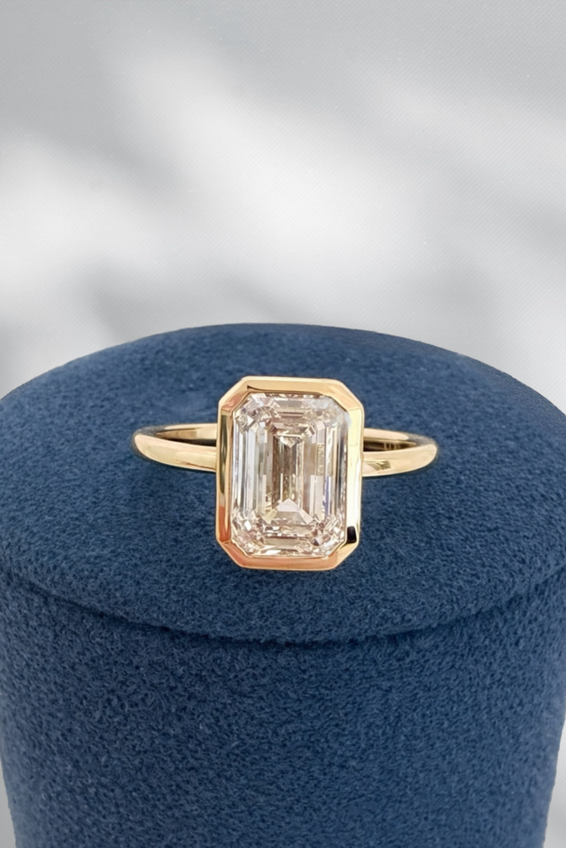 3.00cttw Lab Grown Bezel Set Emerald Cut Engagement Ring- 14KY