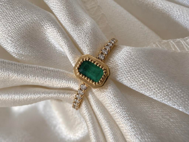 Bezel Set Emerald and Diamond Ring- 14KY