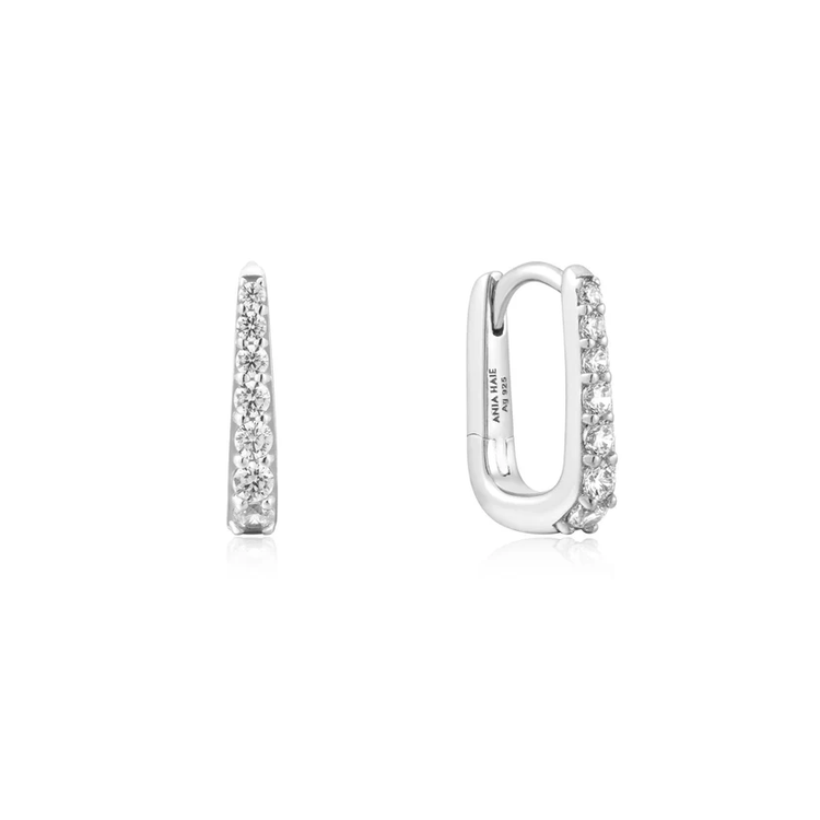 Silver Oval Pave Huggie Earrings- Sterling Silver (E059-10H)