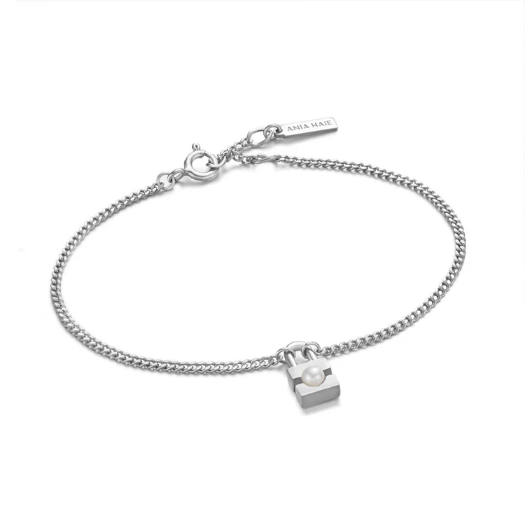 Silver Shell Pearl Padlock Bracelet- Sterling Silver (B054-01H)