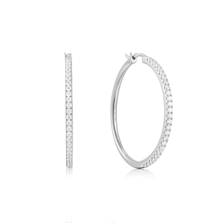 Silver Pave Hoop Earrings- Sterling Silver (E052-03H)