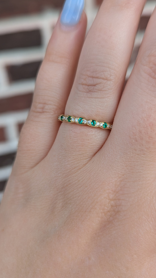 Scalloped Emerald and Diamond Band- 14KY