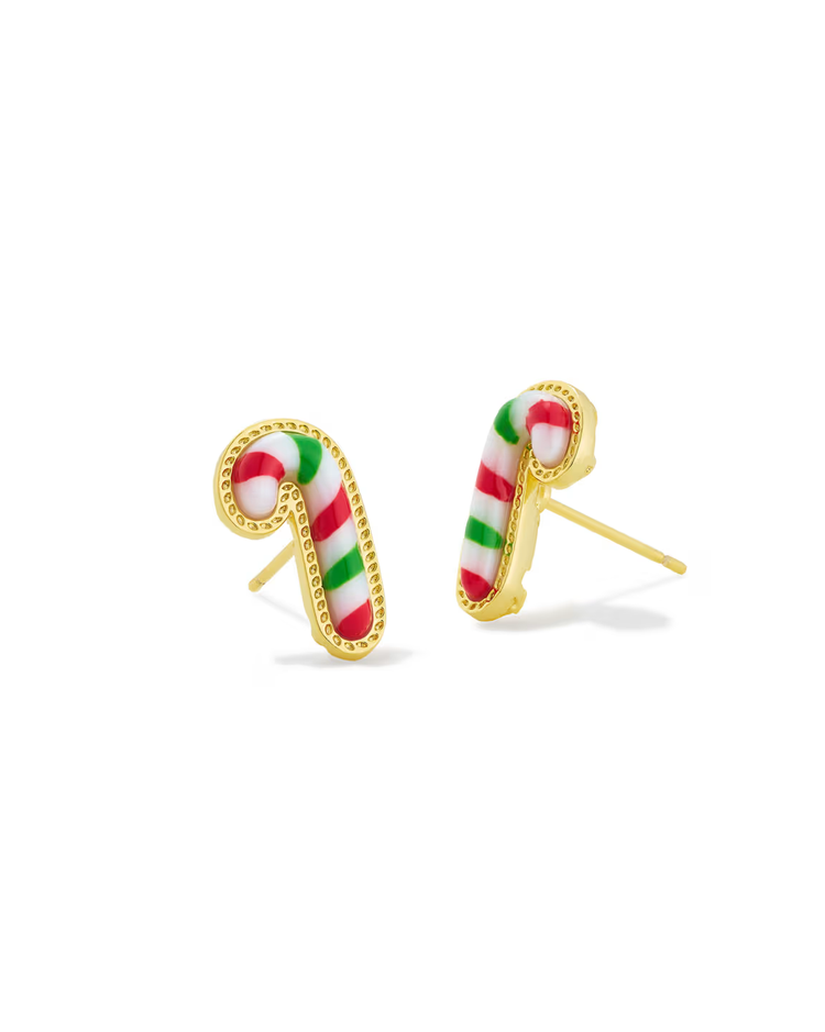 Candy Cane Stud Earrings in Red Green Mix- Gold Tone