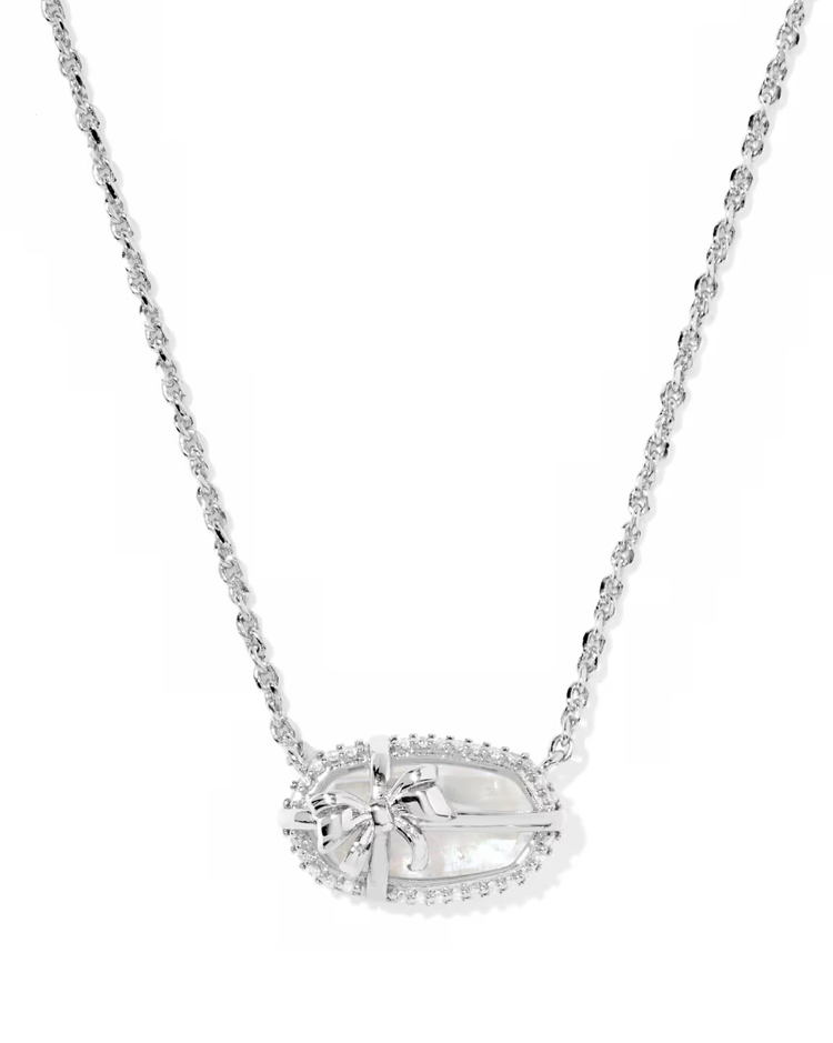 Elisa Bow Short Pendant Necklace in Iridescent Crystal Ivory Illusion- Silver Tone