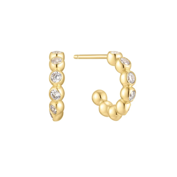 Gold Tone Bezel Beaded Huggie Hoop Earrings