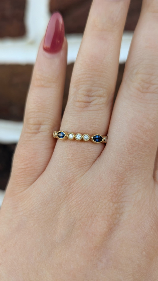 Marquise Blue Sapphire and Round Diamond Band-14KY