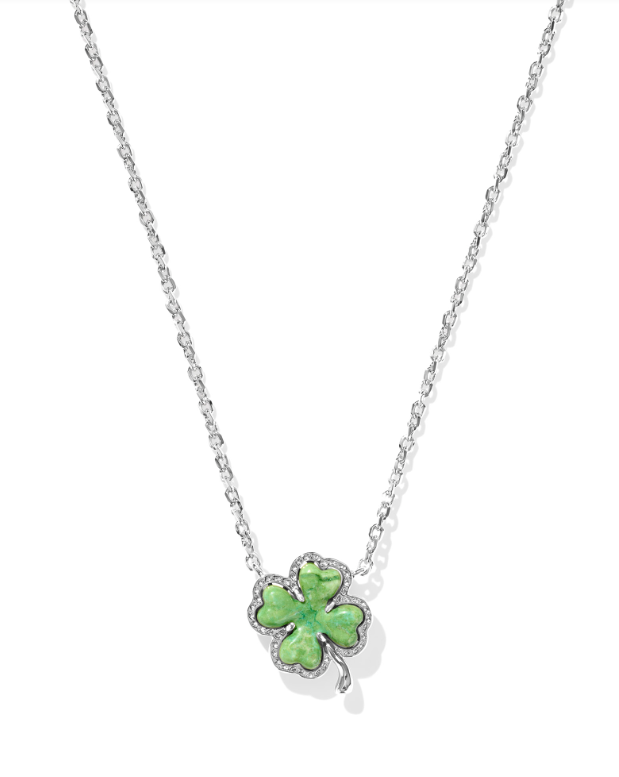 Clover Short Pendant Necklace Rhodium w/Lime Green Magnesite