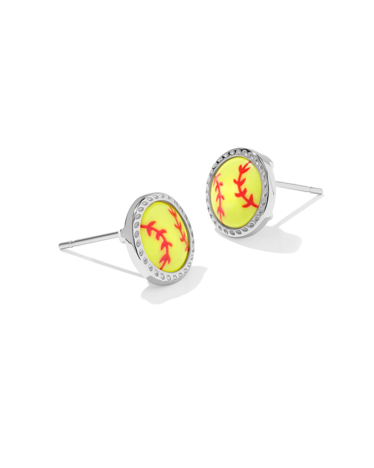 Softball Stud Earrings Rhodium w/ Chartreuse  Magnesite
