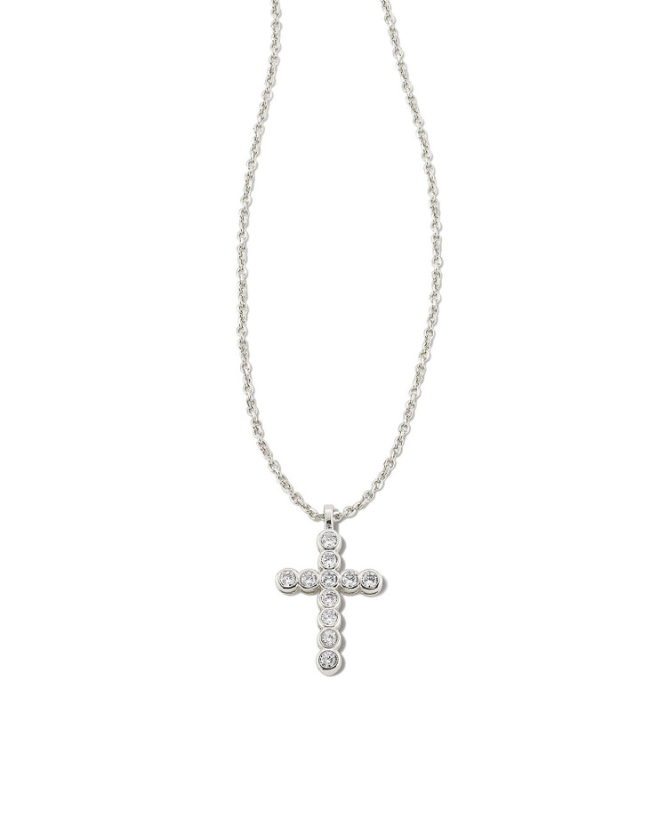 Cross Crystal Pendant Necklace Rhodium w/White Crystal