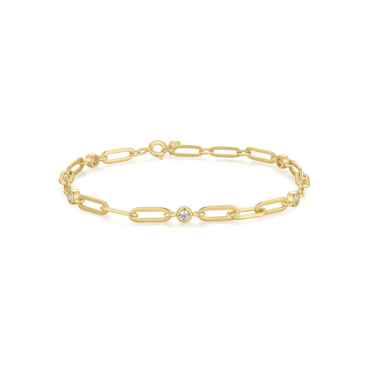 Gold Tone Sterling Silver Bezel Station Paper Clip Chain Bracelet