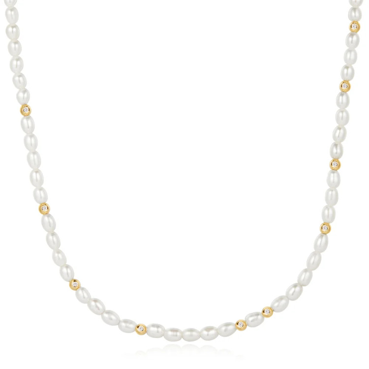 Gold Tone Sterling Silver Freshwater Pearl and White CZ Bezel Set Slider Necklace