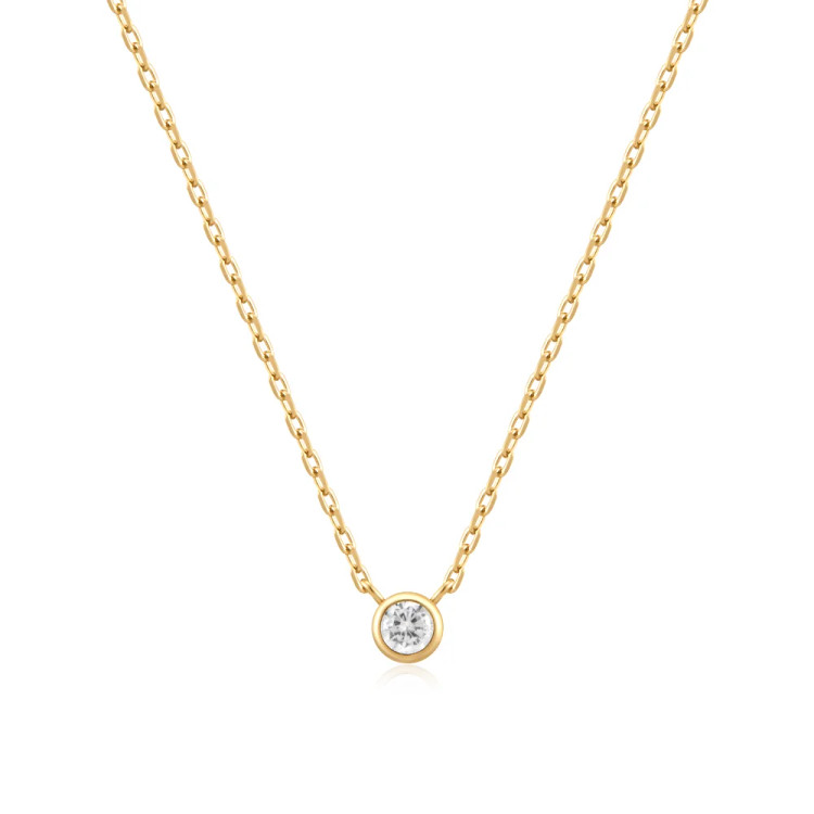 Gold Tone Sterling Silver Round Solitaire CZ Necklace