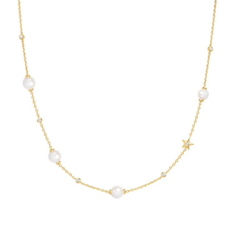 Gold Tone Sterling Silver Shell Pearl and Star Station Necklace