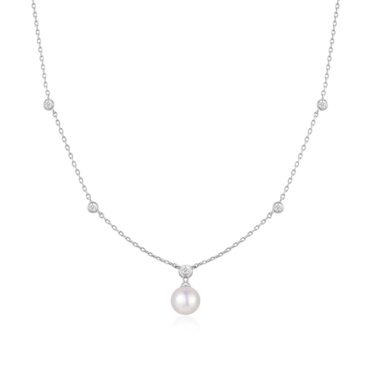 Sterling Silver Bezel Set Station Necklace with Shell Pearl Pendant