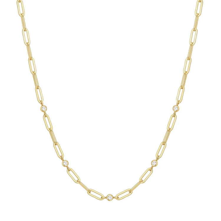 Gold Tone Sterling Silver Bezel Station Paper Clip Chain Necklace