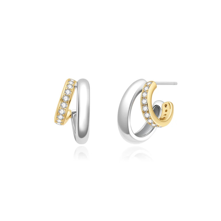 Two-Tone Sterling Silver Sparkling Stud Hoop Earrings