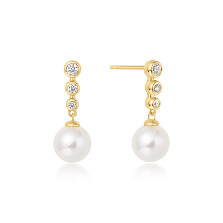 Gold Tone Sterling Silver Tennis Beaded Stone Pearl Drop Stud Earrings