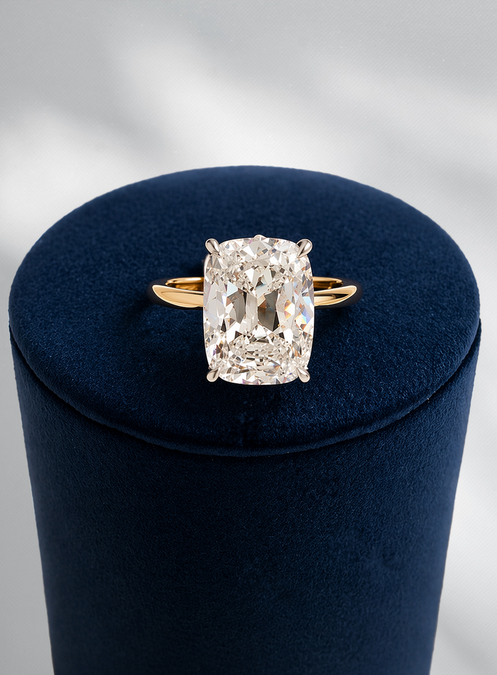 4.02cttw Lab Grown European Elongated Cushion Cut Engagement Ring-14KY