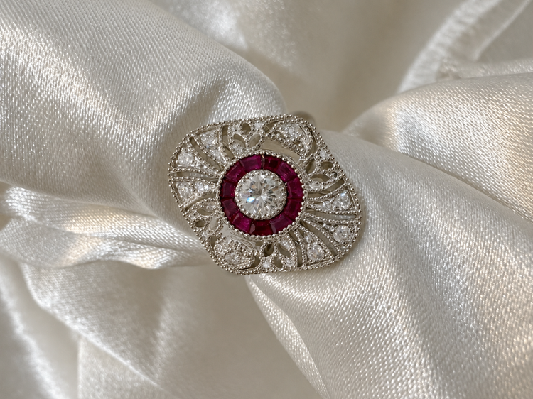 Vintage Inspired Ruby and Diamond Ring - 14KW