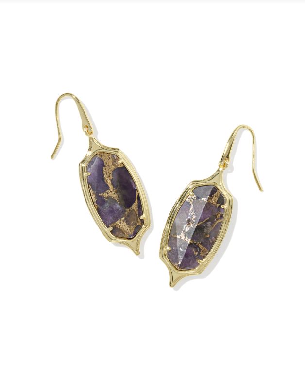 Dani Step Frame Drop Earring Gold Tone Bronze Veined Purple Amethyst