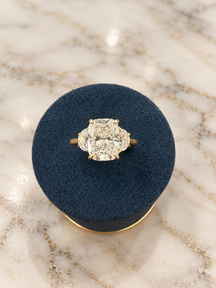 3.95cttw Lab Grown Elongated Cushion Three Stone Engagement Ring-14KY
