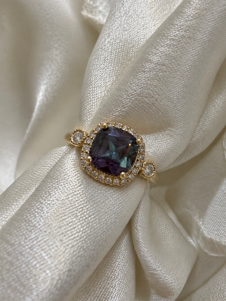 Created Alexandrite and Diamond Ring-14KY