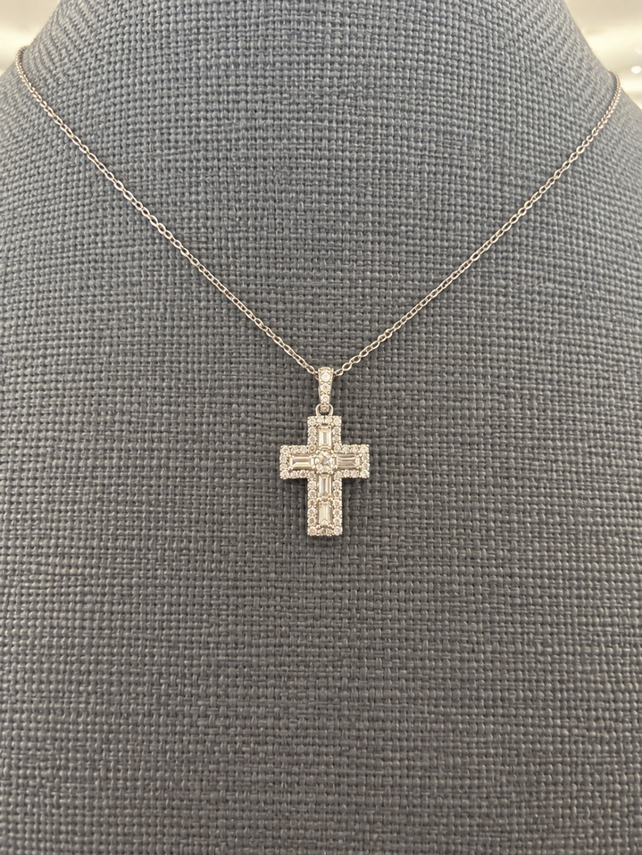 0.42cttw Baguette Diamond Cross Necklace-14KW
